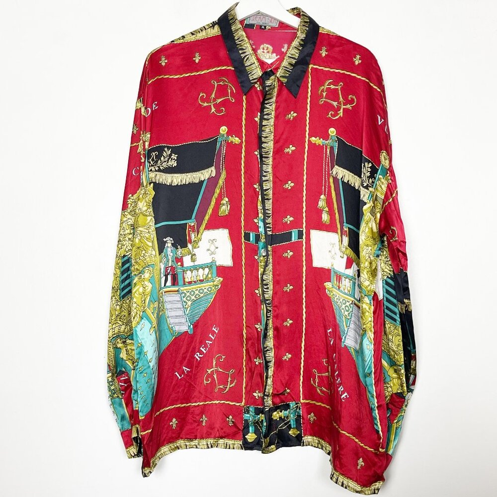 Cream Silk by P.E.K. Imports Shirt Sz XL Silk Nautical Blue Red Oversized RARE